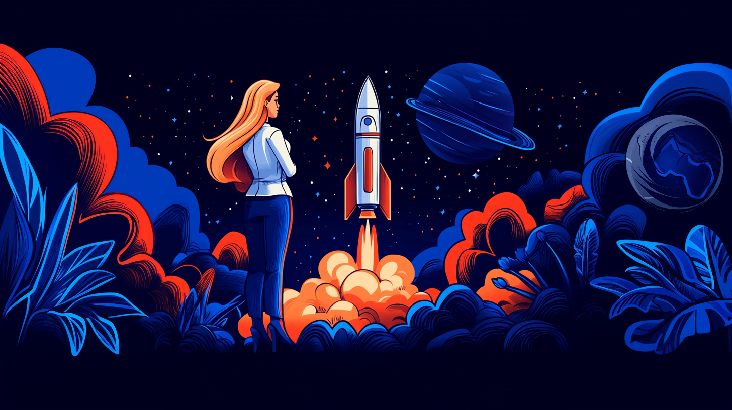 saran0001_Businesswoman_Watching_Rocket_Launch_ar_169_Seed_87_4afa8ef2-67c6-45e0-a543-66fd328e75af_1 PLR, Blue Origin, Woman watching rocket take off with blue background