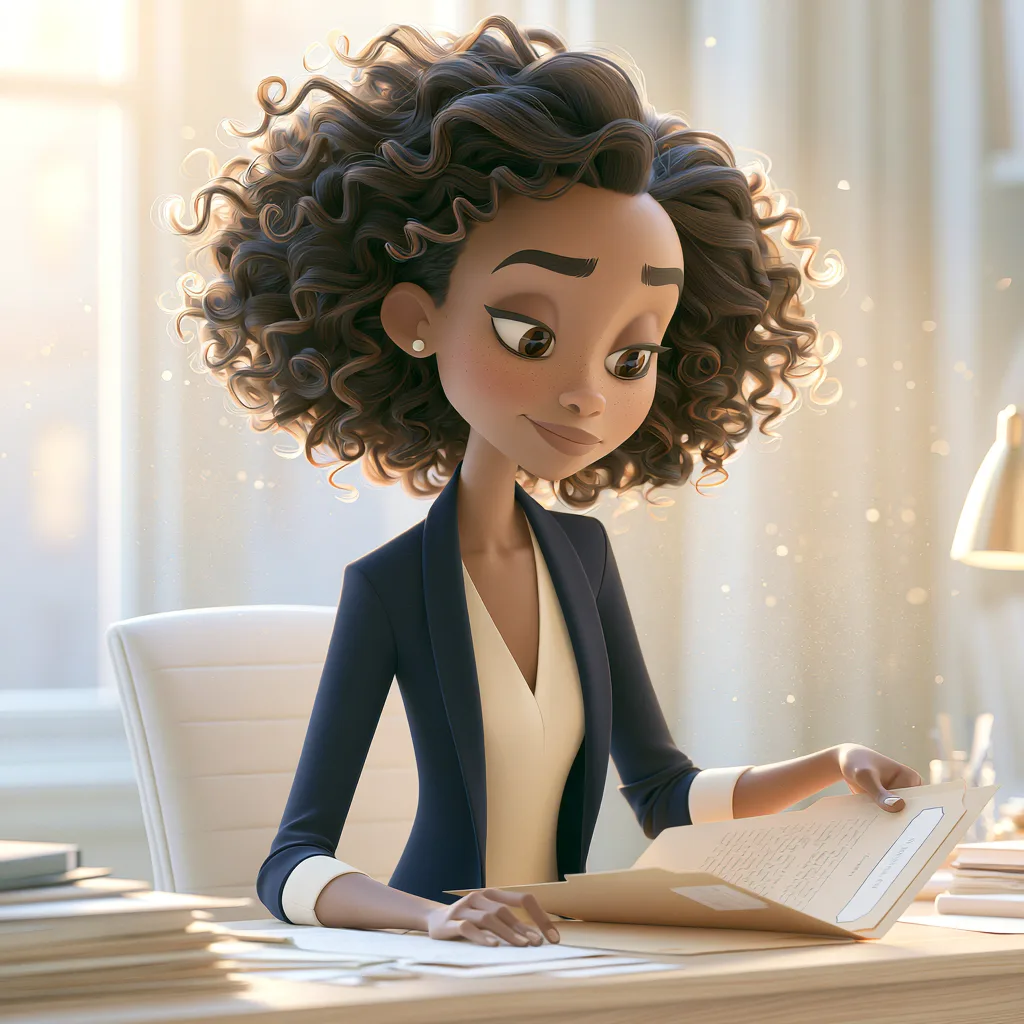 Animated woman reading at desk