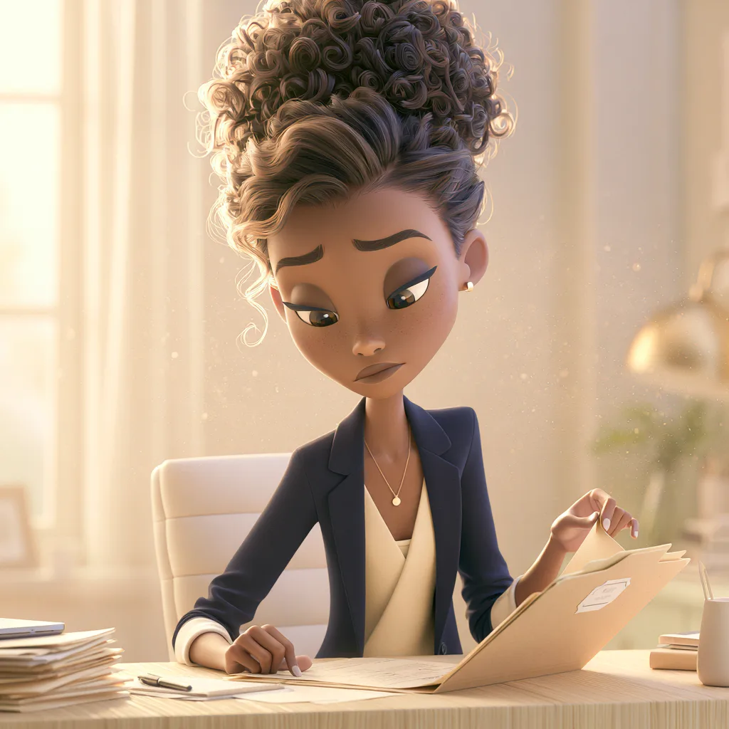 Animated woman reading documents thoughtfully.